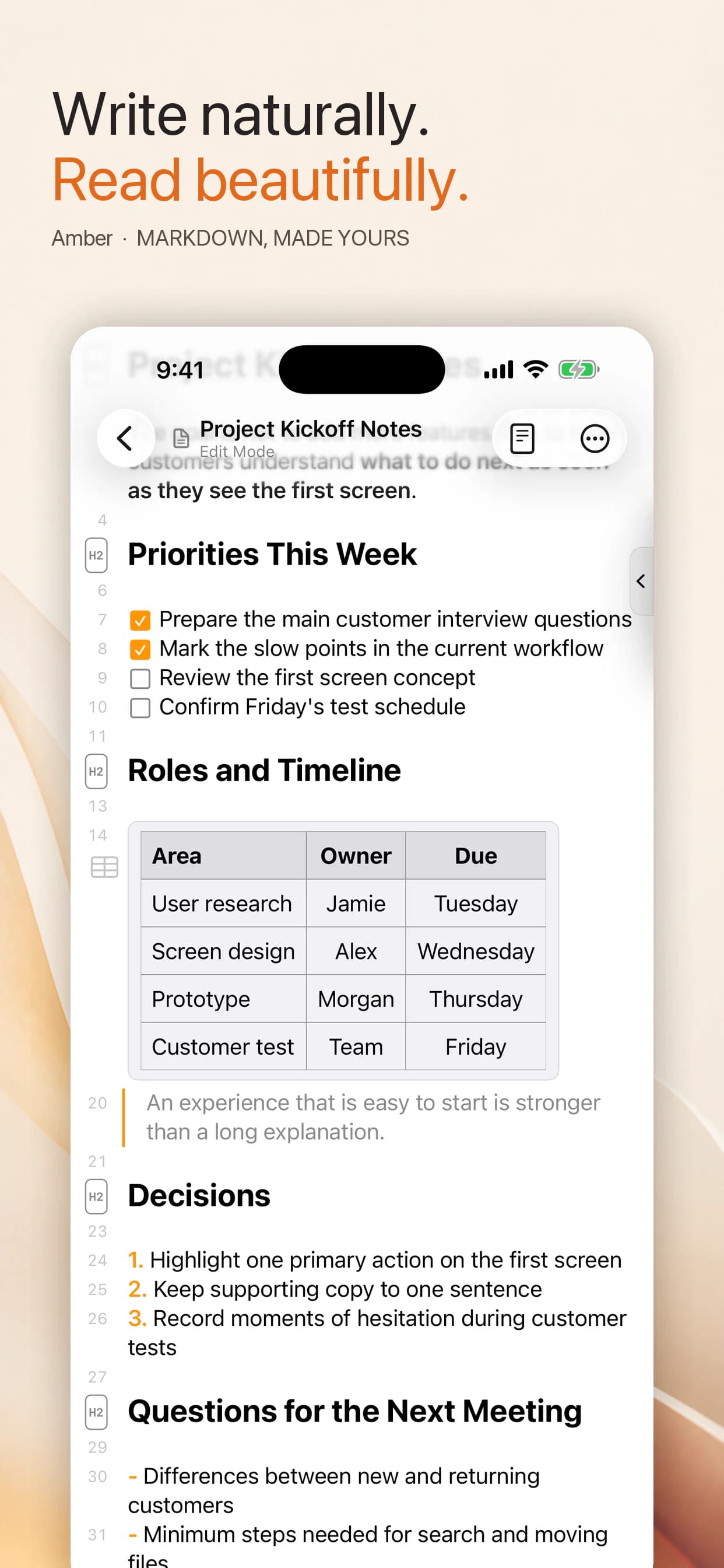 Reading and editing a Markdown document in Amber on iPhone