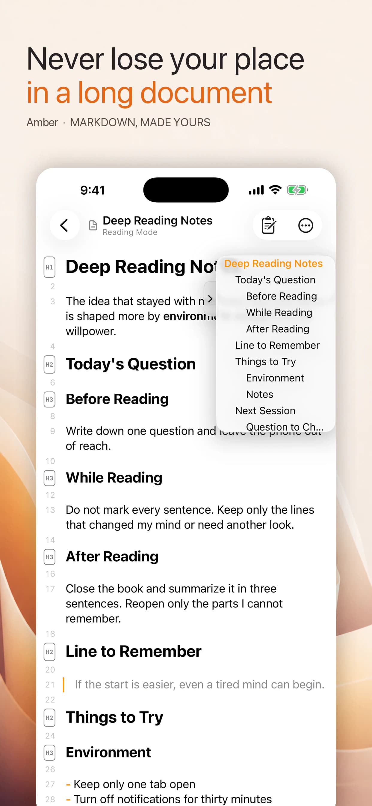 Navigating a long Markdown document in Amber