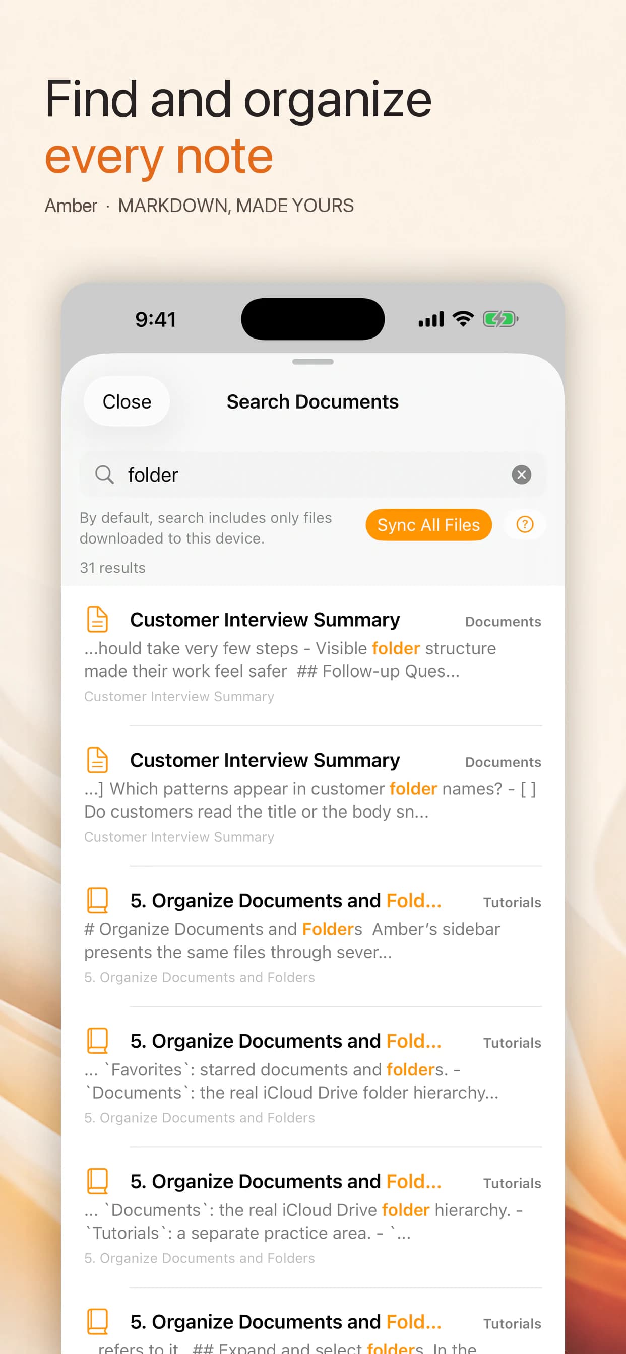 Searching and organizing documents in Amber