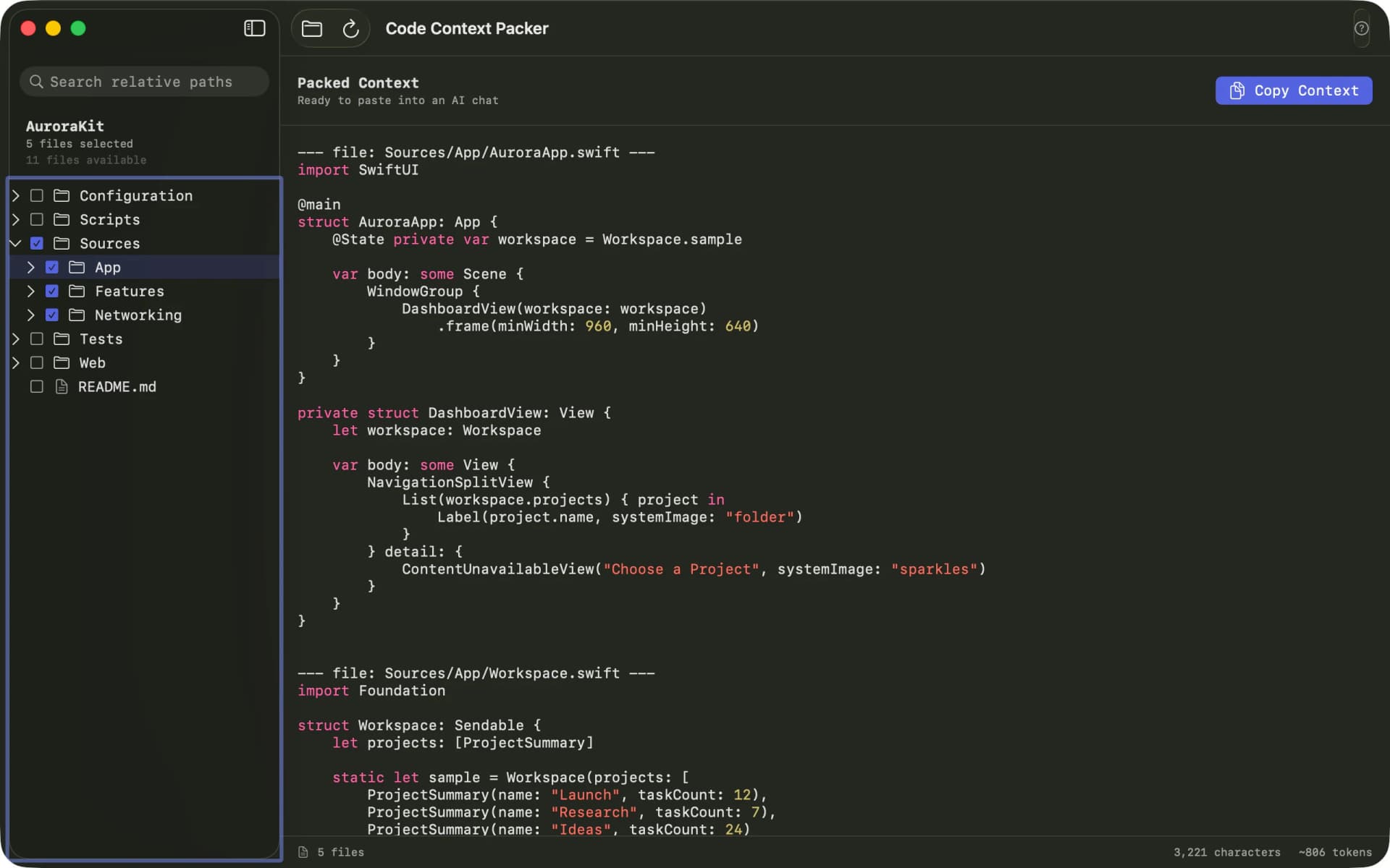 CodeContextPacker code context preview