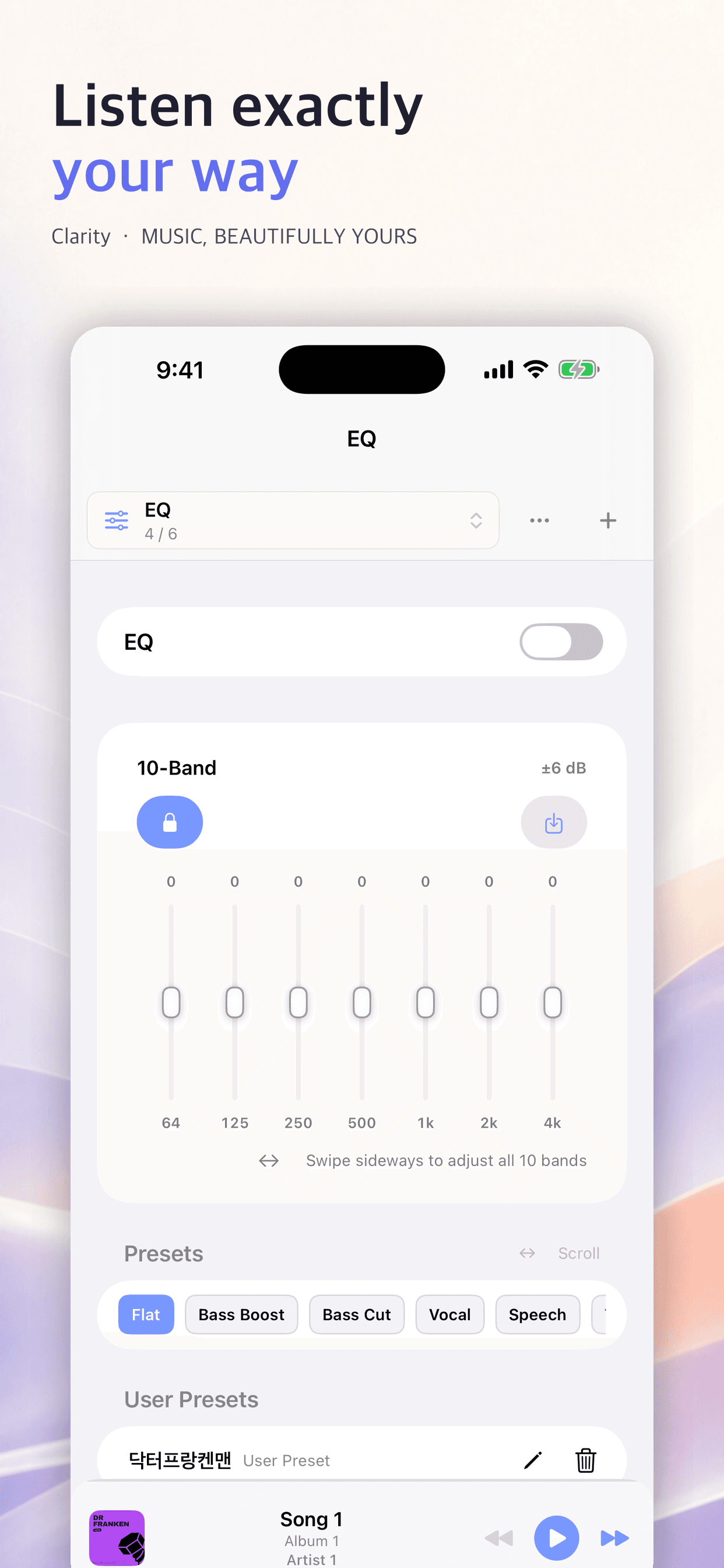 Clarity 10-band EQ and playback settings