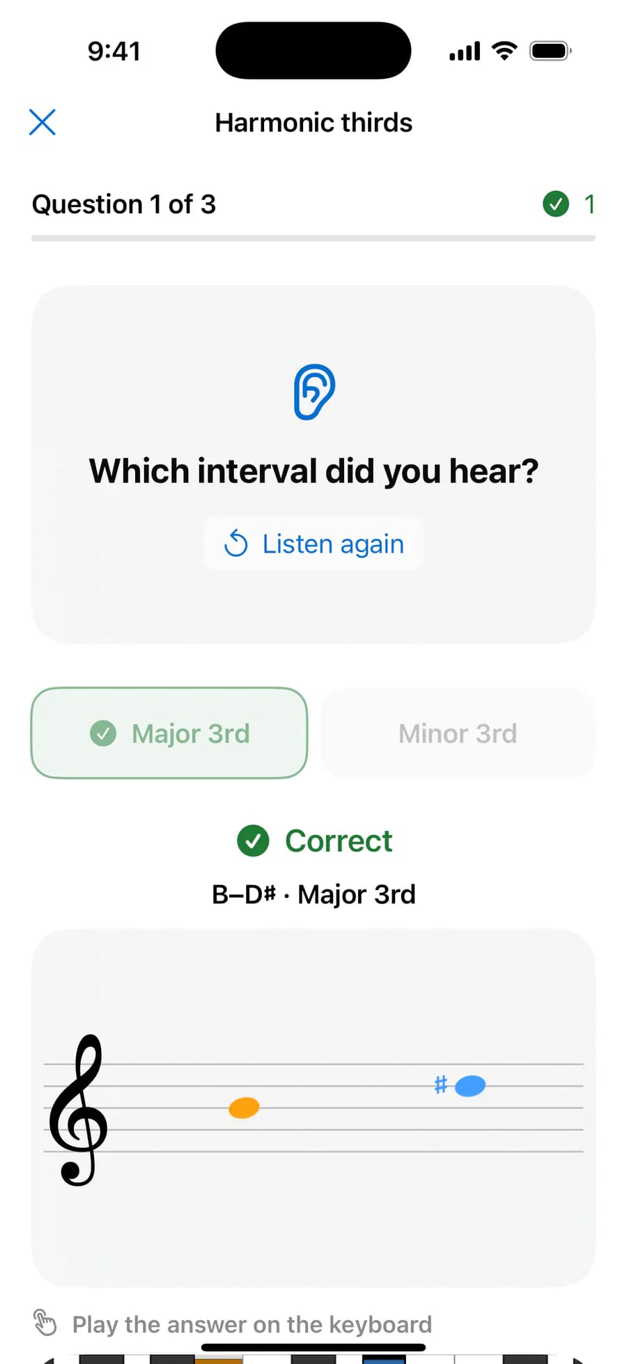 Epic Ear Challenge screen for answering by ear