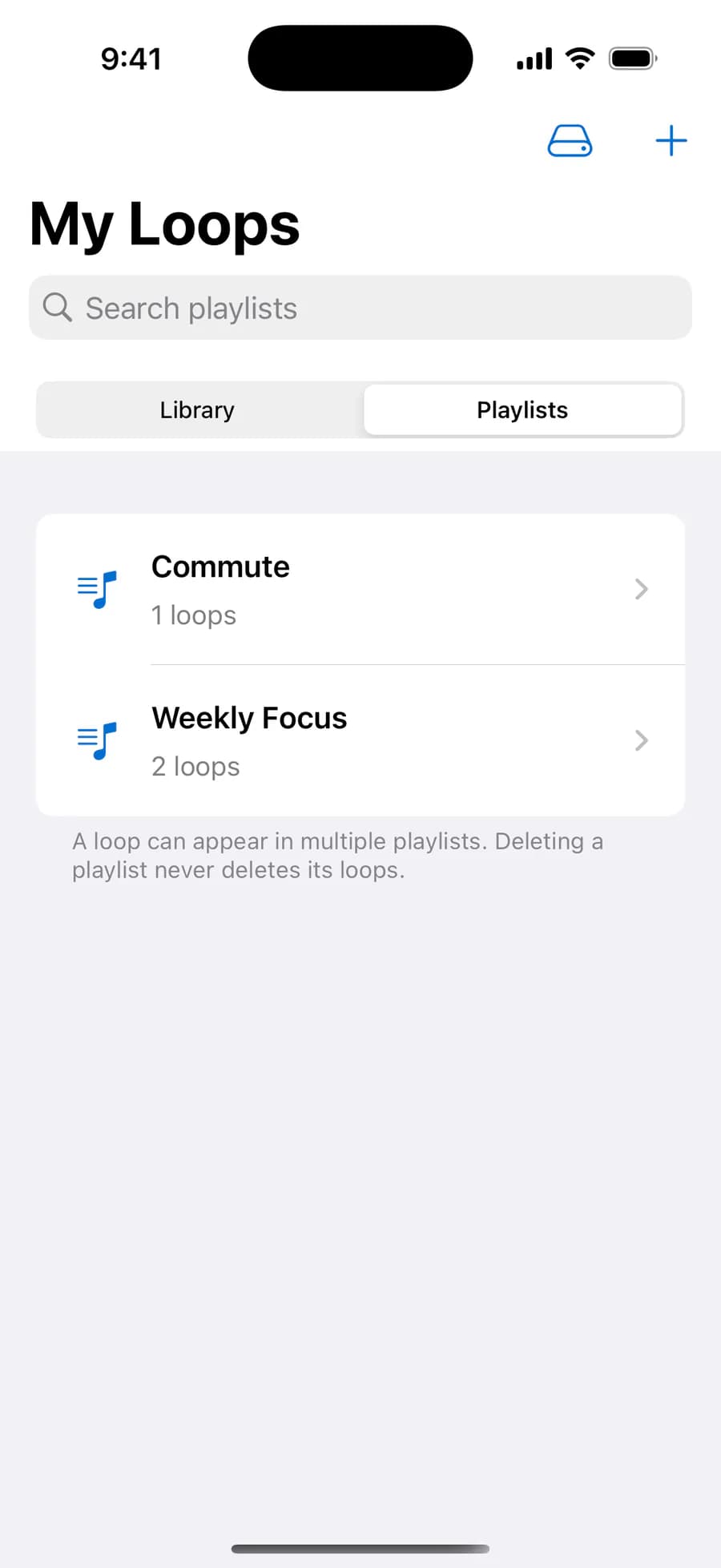 Epic Ear My Loops screen with folders and playlists